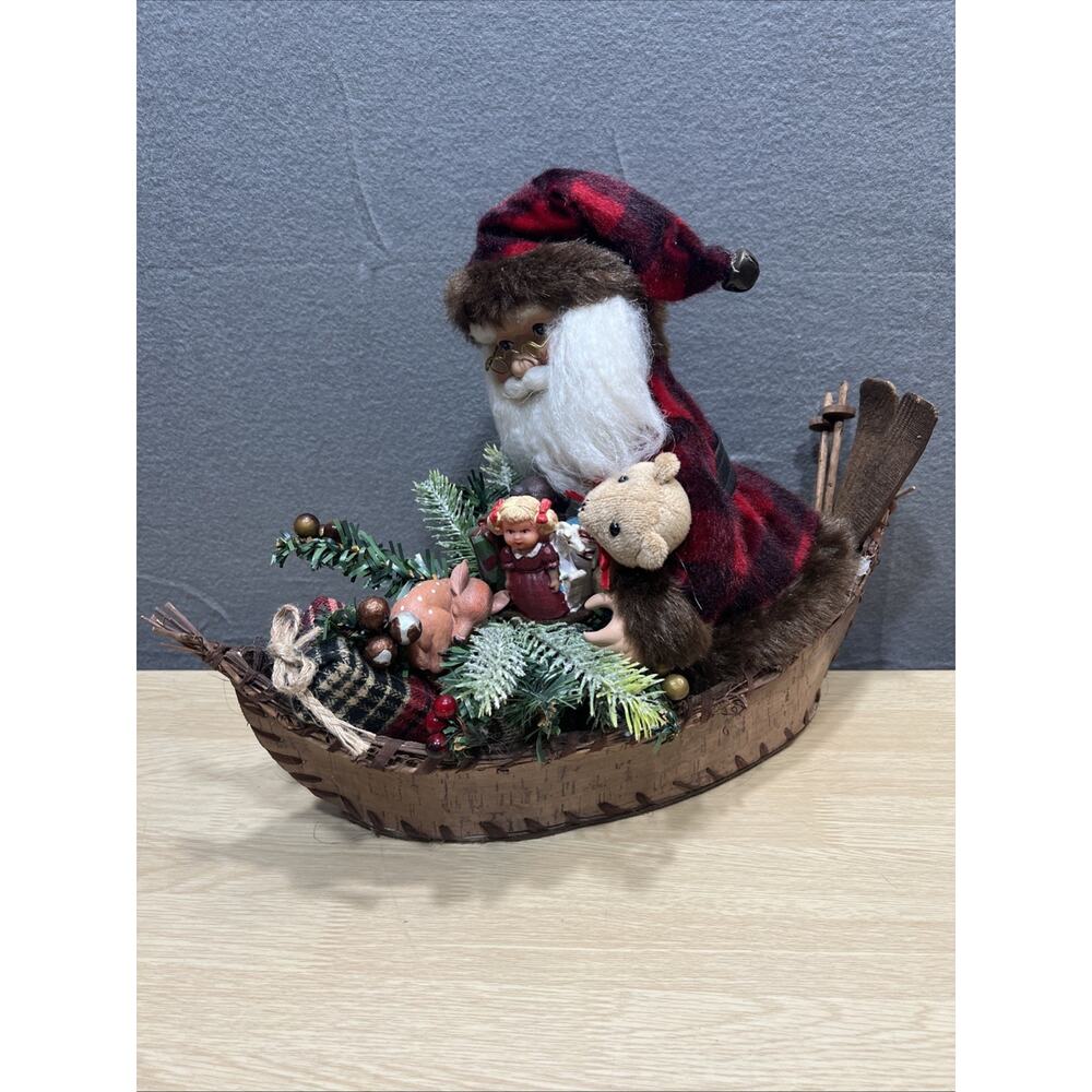 Vince Wood Carved Santa Claus & Friends In Birch Bark Canoe Rustic Christmas